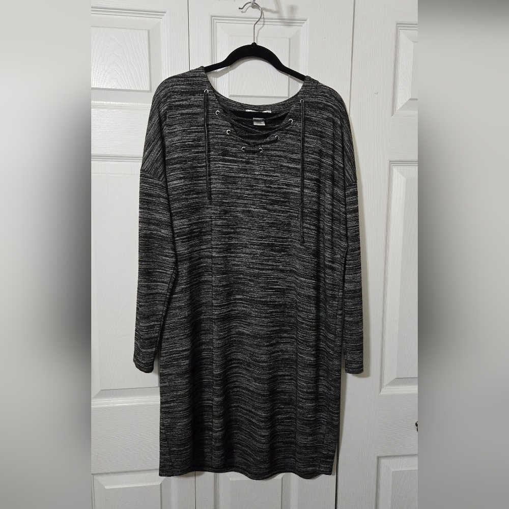 Gray Long Sleeve Dress Lace-Up Neckline, Size 2X, Soft Stretchy Fabric, Like New